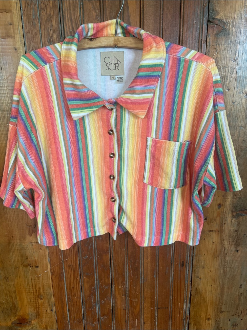 Chaser Women's Rainbow Striped Button Front Terry Cloth Shirt 
Size XS